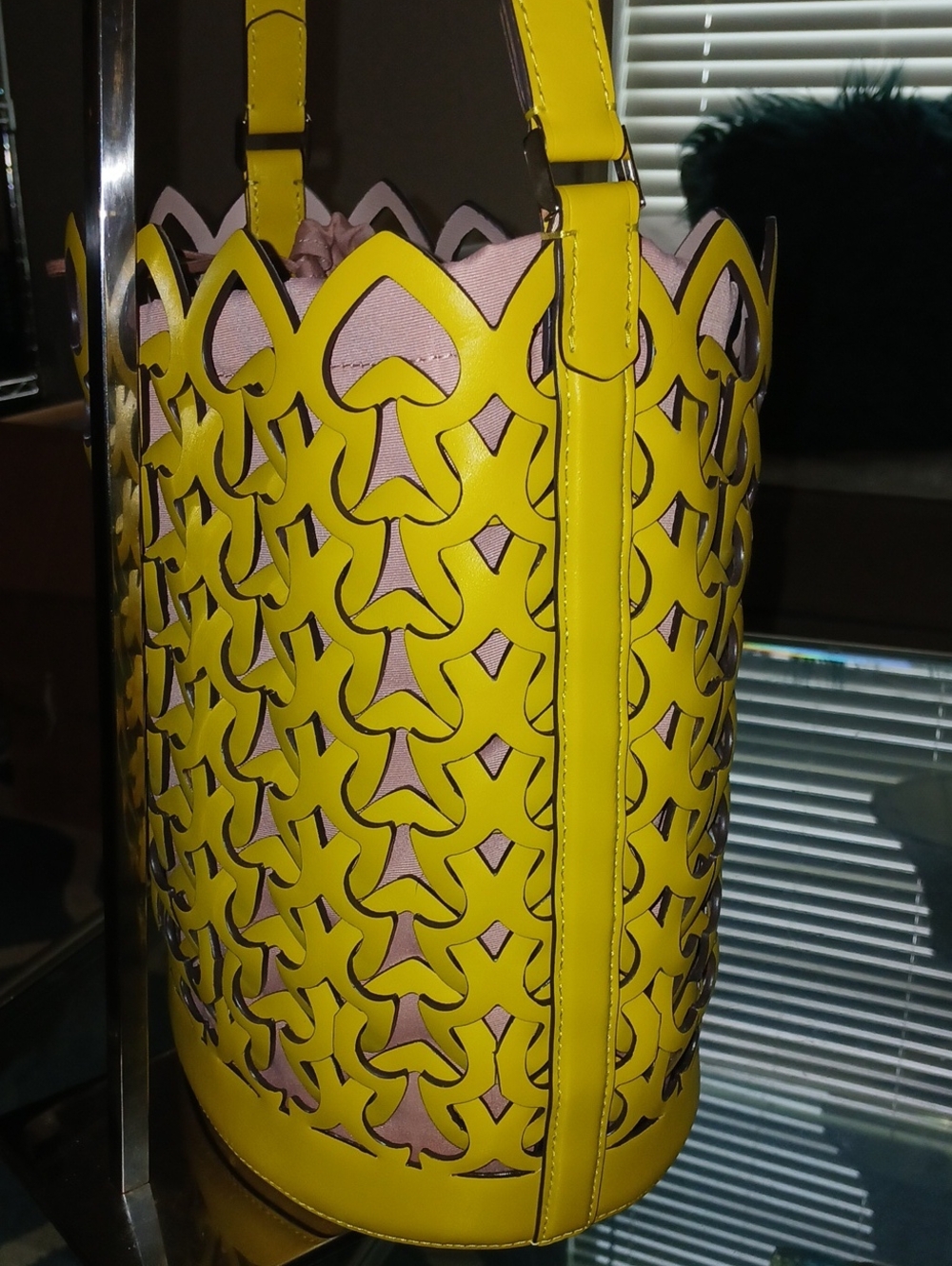 Kate Spade Dorie Yellow Laser-Cut Bucket Bag with Pink Liner - Picture 4 of 6